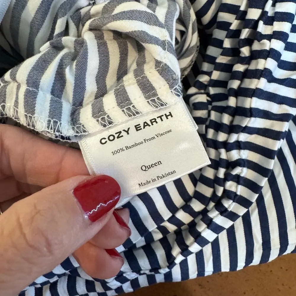 Cozy Earth Bamboo Duvet Cover + Standard Sham Classic Stripe Pacific Queen NWOT